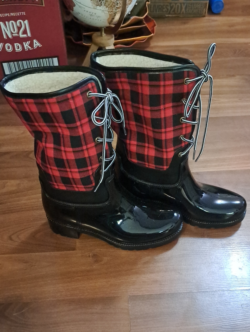 Women’s Black Patent Rain Boots with Red Plaid Shaft